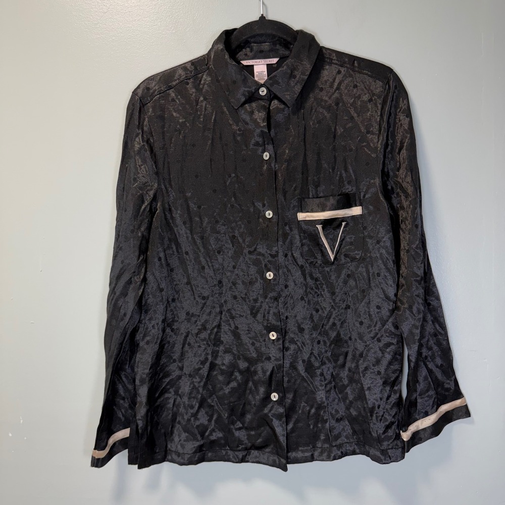 Victorias Secret Black Satin Polka Dot Pajama Top Long Sleeve V Logo Small